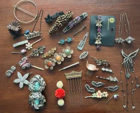 Vintage to Now Hair Accessories Lot Clips Combs Barrettes Hearts Rhinestones