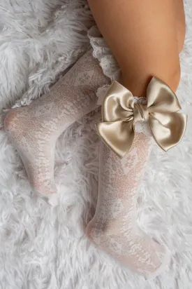 White Lace Knee High Socks - Champagne Bow